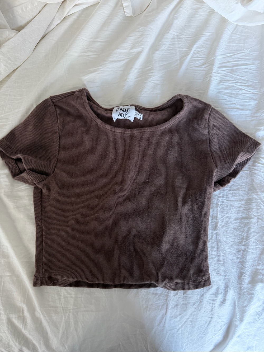 Princess Polly Brown Ribbed Short Sleeve Cropped Baby Tee